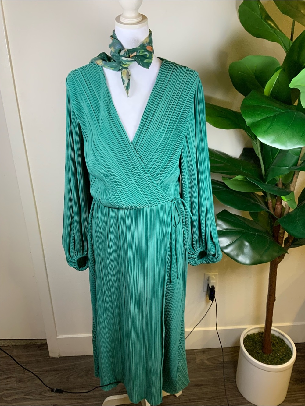 H&M Teal Pleated Wrap Midi Dress with Long Sleeves